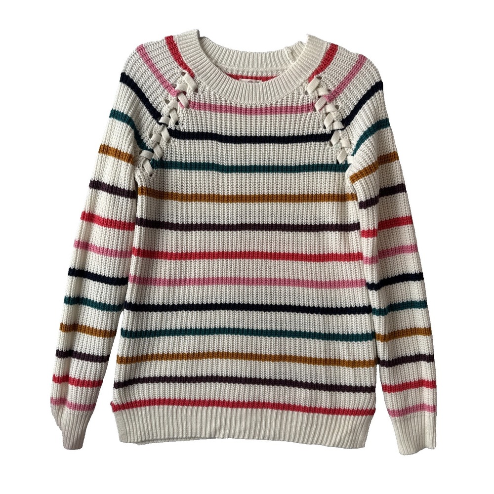 SO Colorful Laced Up Raglan Striped Crewneck Knit Sweater Women's M Rainbow Boho